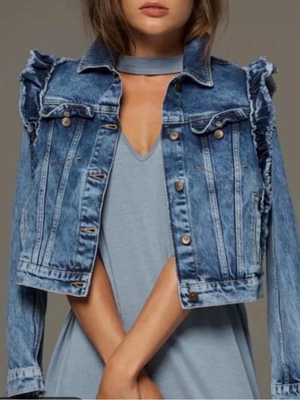 Elan Light Wash Denim Jean Jacket with Ruffle Trim